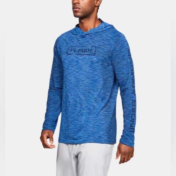 Under Armor Fish Heather Blue Fitted Coupe Heat Gear Hooded Top M - Picture 1 of 6